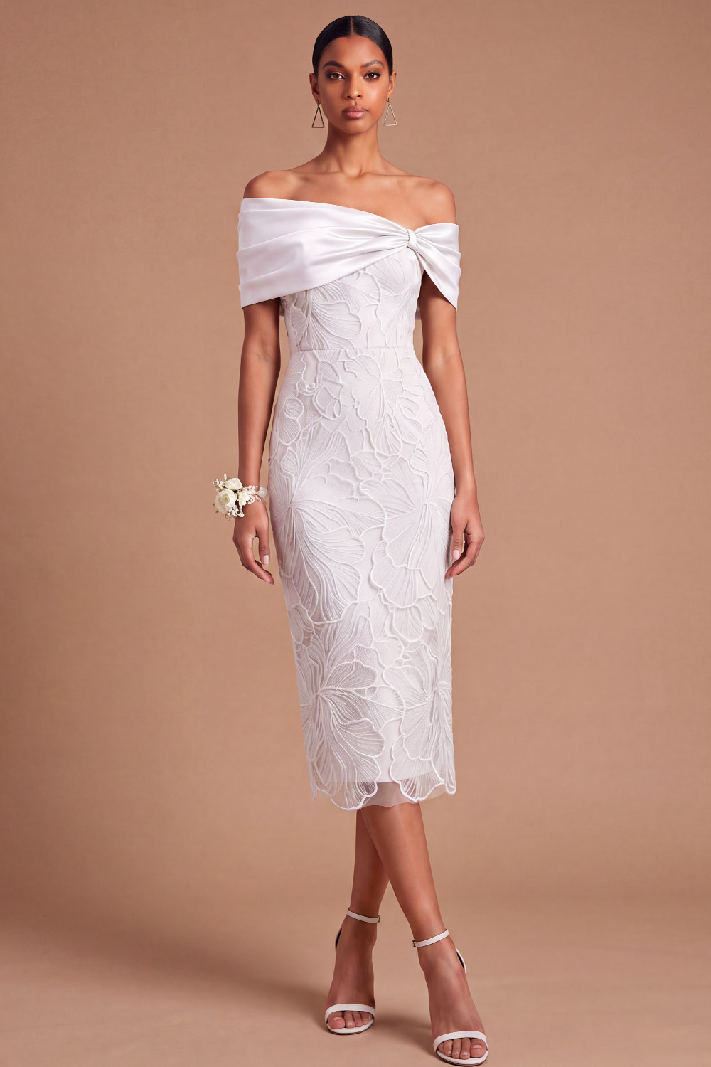 Blue Off The Shoulder Bow Satin Floral Lace Midi Wedding Guest | Chiclody