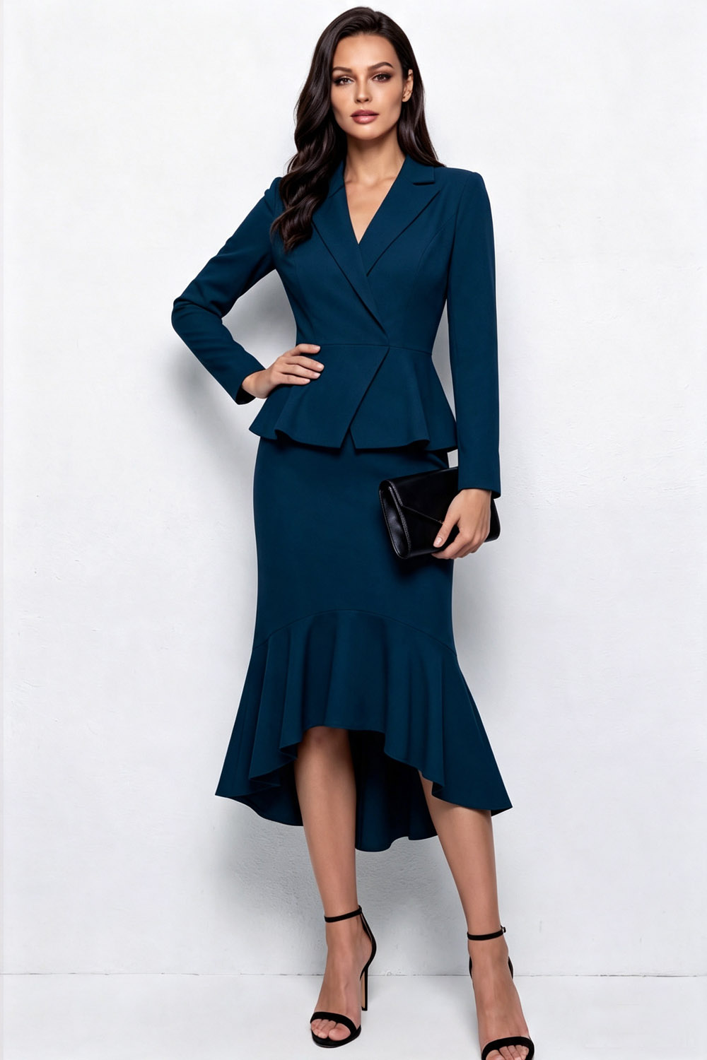 Red Blazer Peplum High‑Low Midi Skirt Suit Set Work Dress | Chiclody
