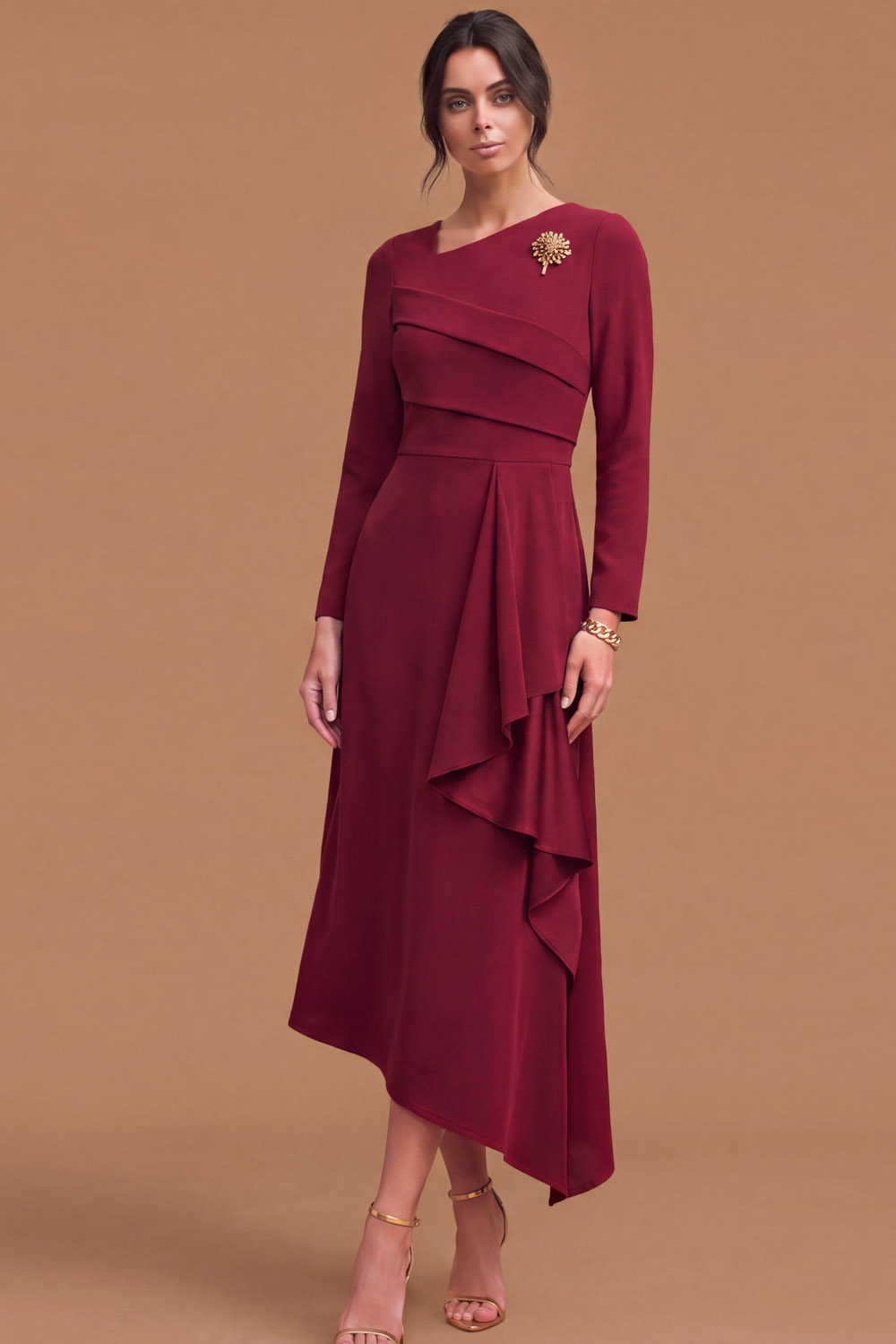 Green Asymmetrical Neck Long Sleeve Ruffled Asymmetrical Midi Wedding Guest Dress | Chiclody