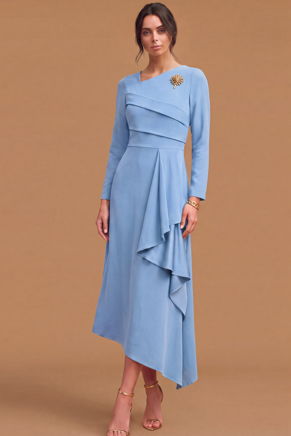 Green Asymmetrical Neck Long Sleeve Ruffled Asymmetrical Midi Wedding Guest Dress | Chiclody