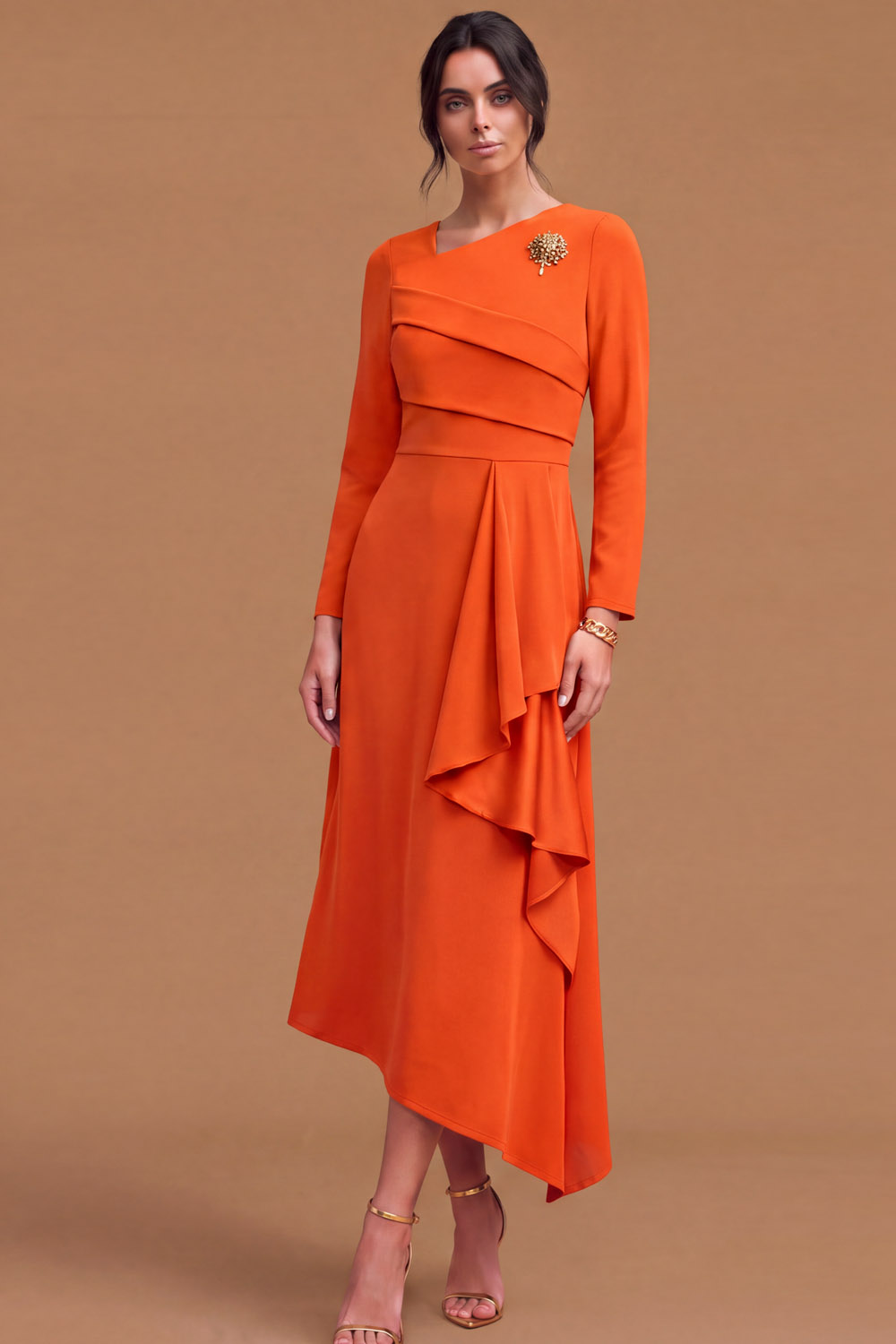 Green Asymmetrical Neck Long Sleeve Ruffled Asymmetrical Midi Wedding Guest Dress | Chiclody