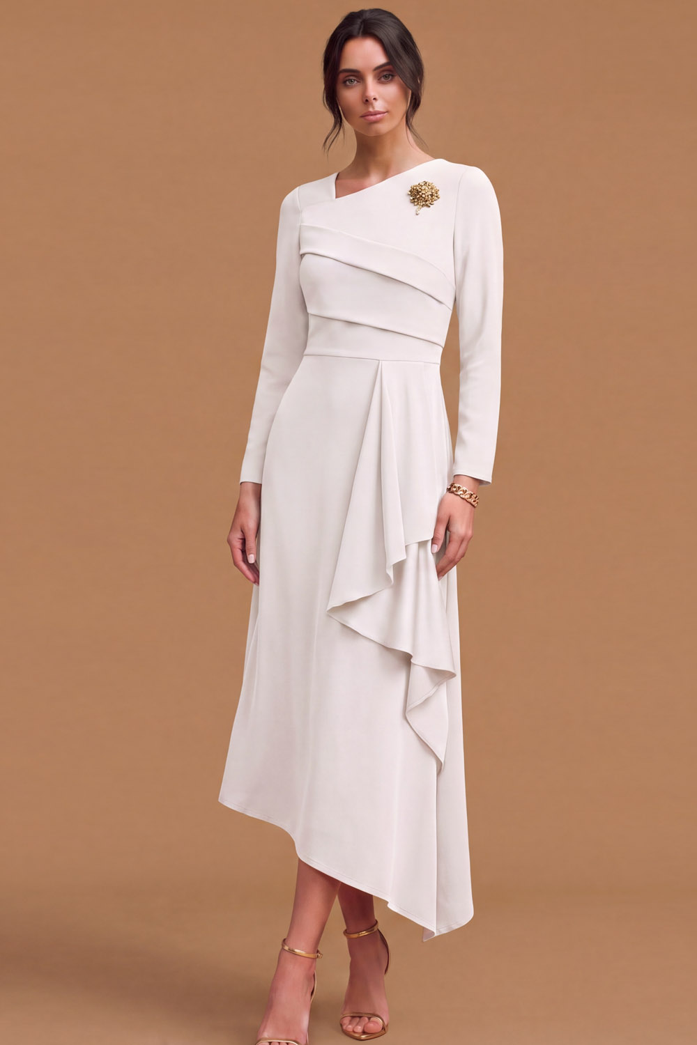 Green Asymmetrical Neck Long Sleeve Ruffled Asymmetrical Midi Wedding Guest Dress | Chiclody