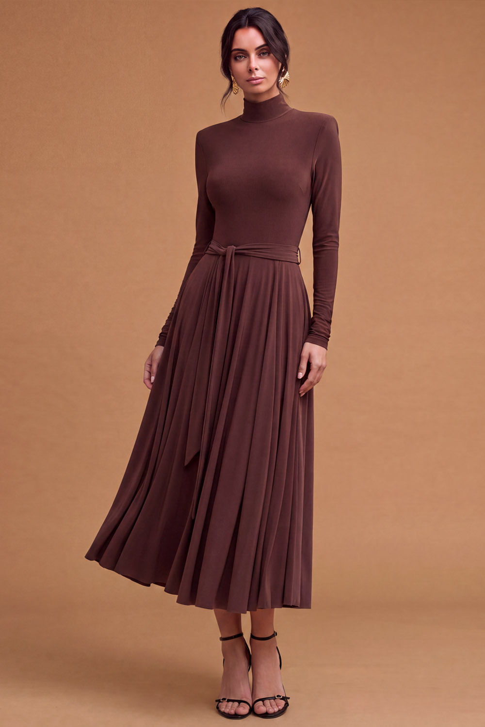 Emerald Green High Neck Long Sleeve Belted A‑Line Midi Wedding Guest Dress | Chiclody