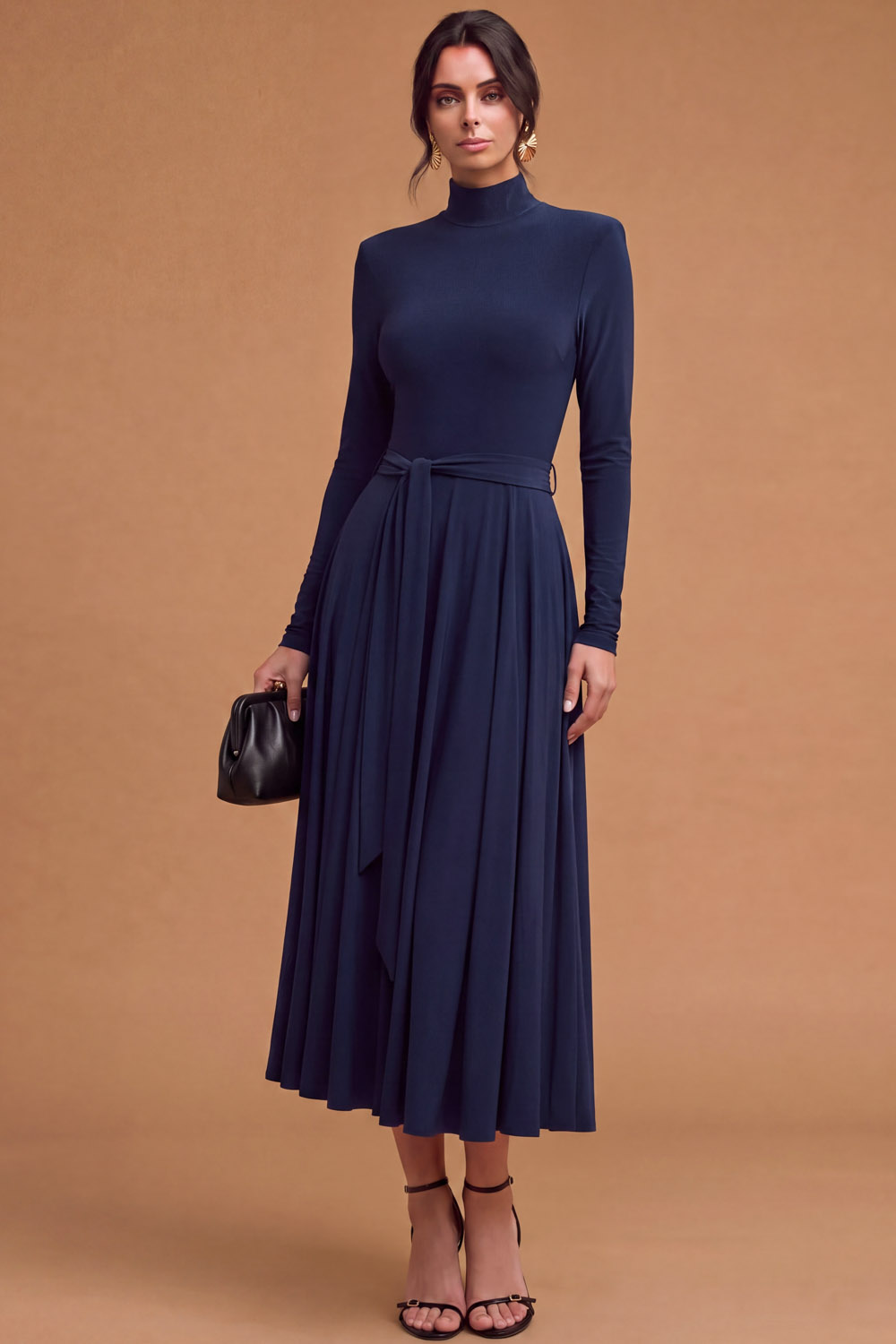 Emerald Green High Neck Long Sleeve Belted A‑Line Midi Wedding Guest Dress | Chiclody