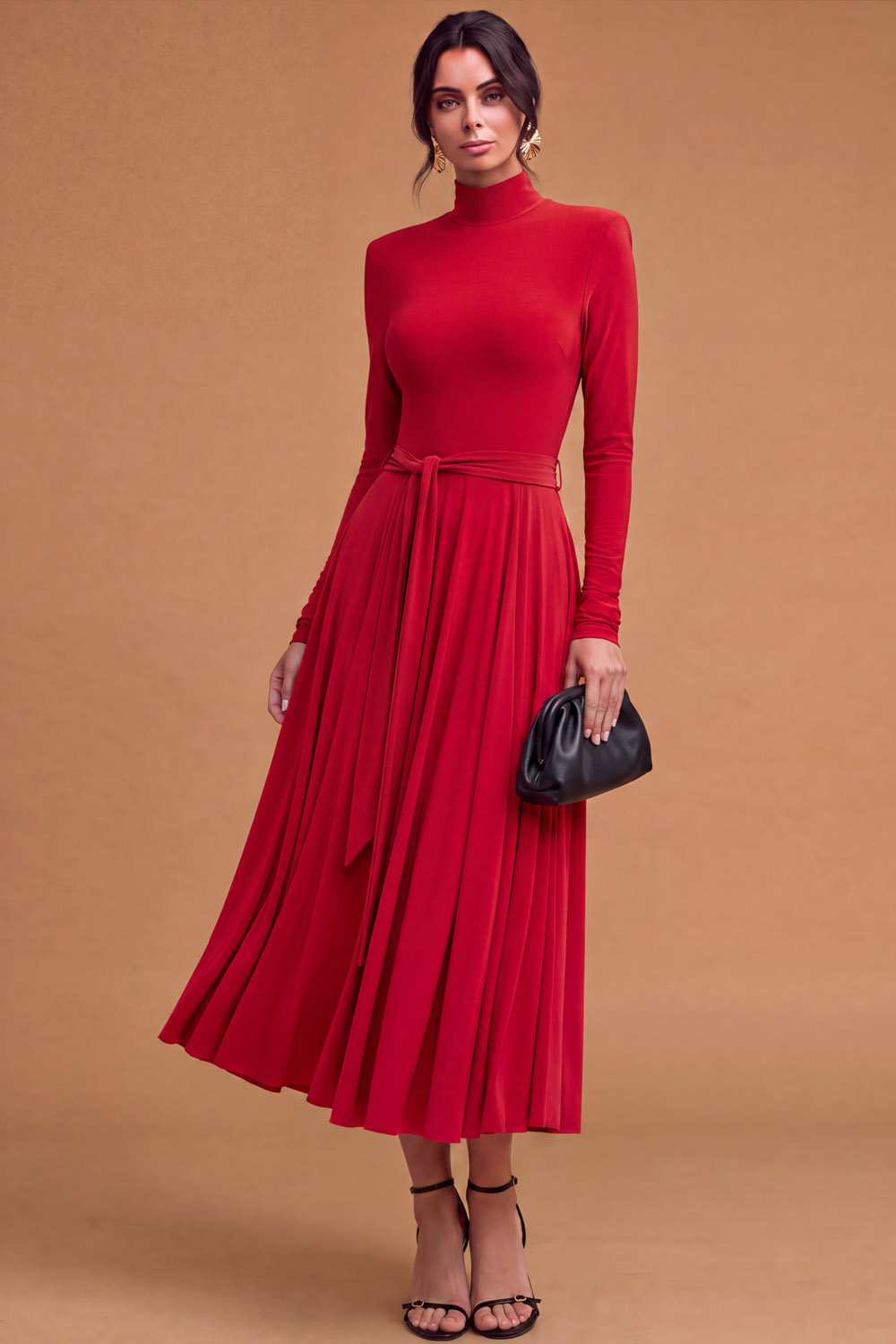 Emerald Green High Neck Long Sleeve Belted A‑Line Midi Wedding Guest Dress | Chiclody
