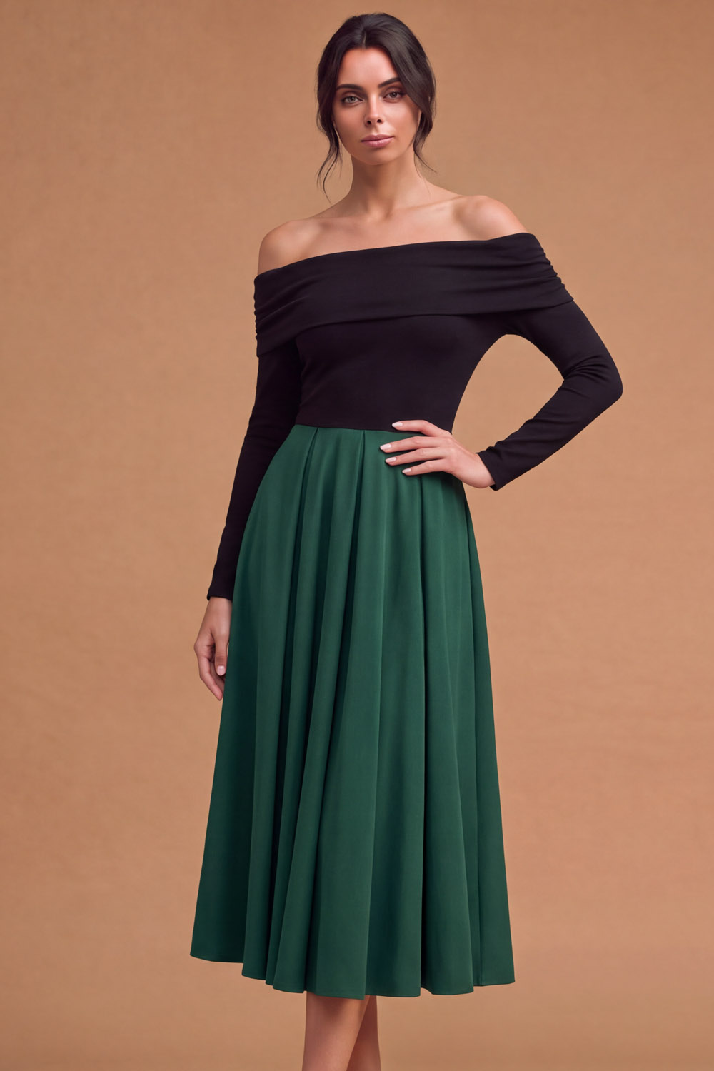 Brown Off‑The‑Shoulder Long Sleeve A‑Line Midi Wedding Guest Dress | Chiclody