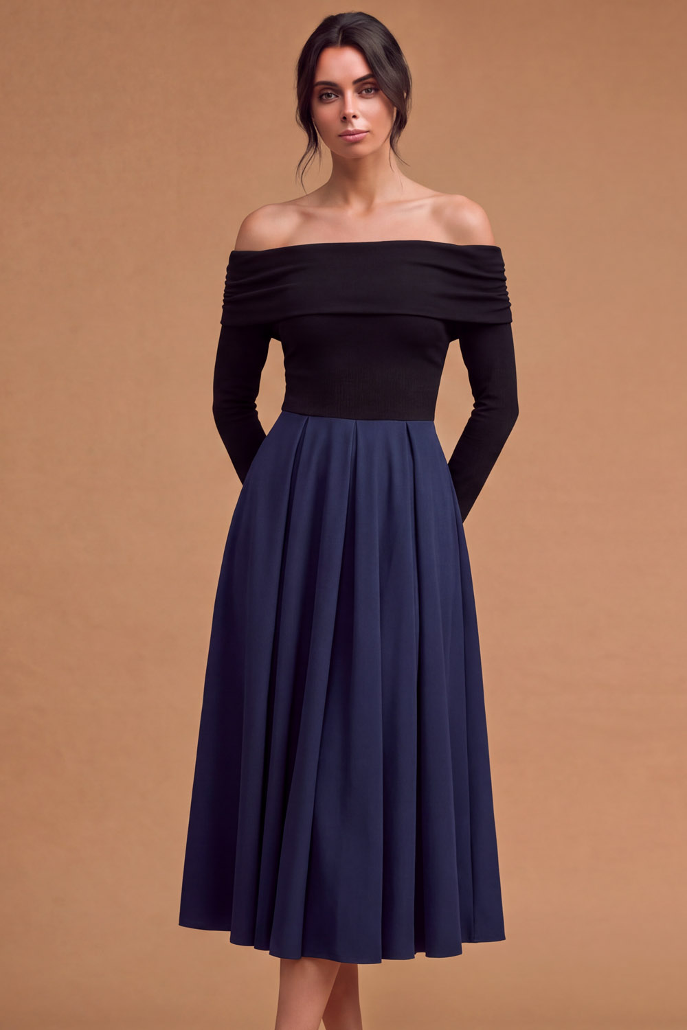 Brown Off‑The‑Shoulder Long Sleeve A‑Line Midi Wedding Guest Dress | Chiclody