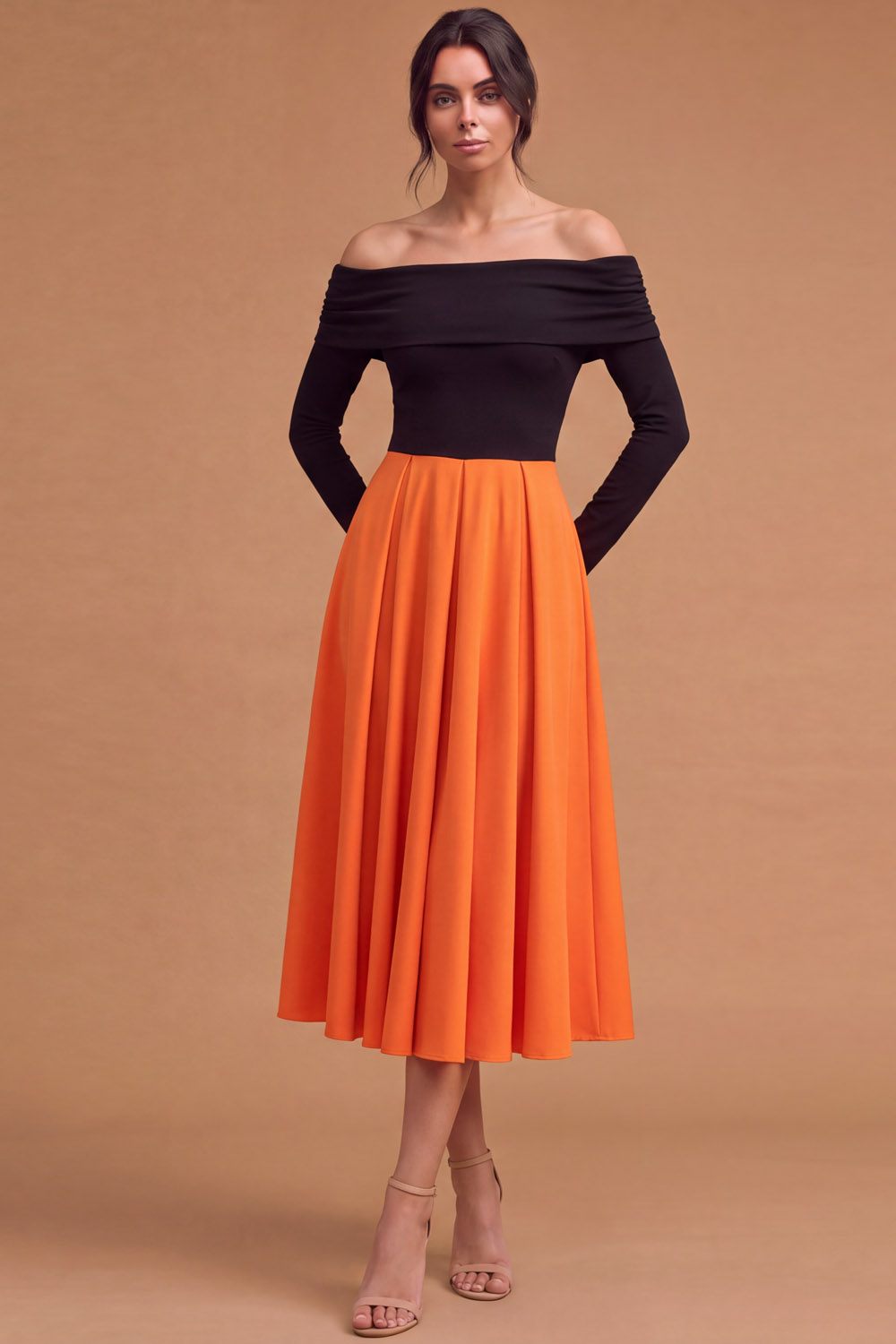 Brown Off‑The‑Shoulder Long Sleeve A‑Line Midi Wedding Guest Dress | Chiclody