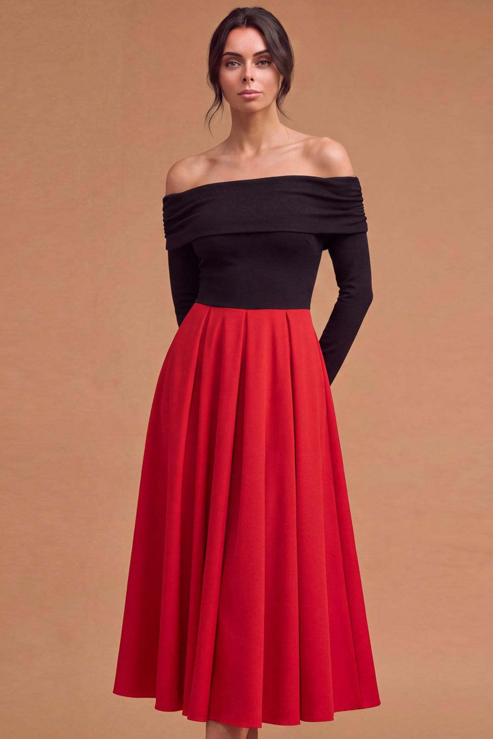 Brown Off‑The‑Shoulder Long Sleeve A‑Line Midi Wedding Guest Dress | Chiclody