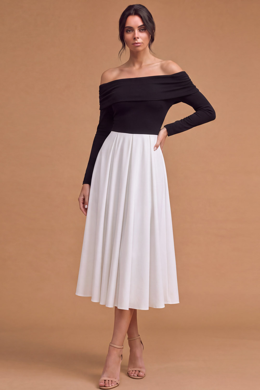 Brown Off‑The‑Shoulder Long Sleeve A‑Line Midi Wedding Guest Dress | Chiclody