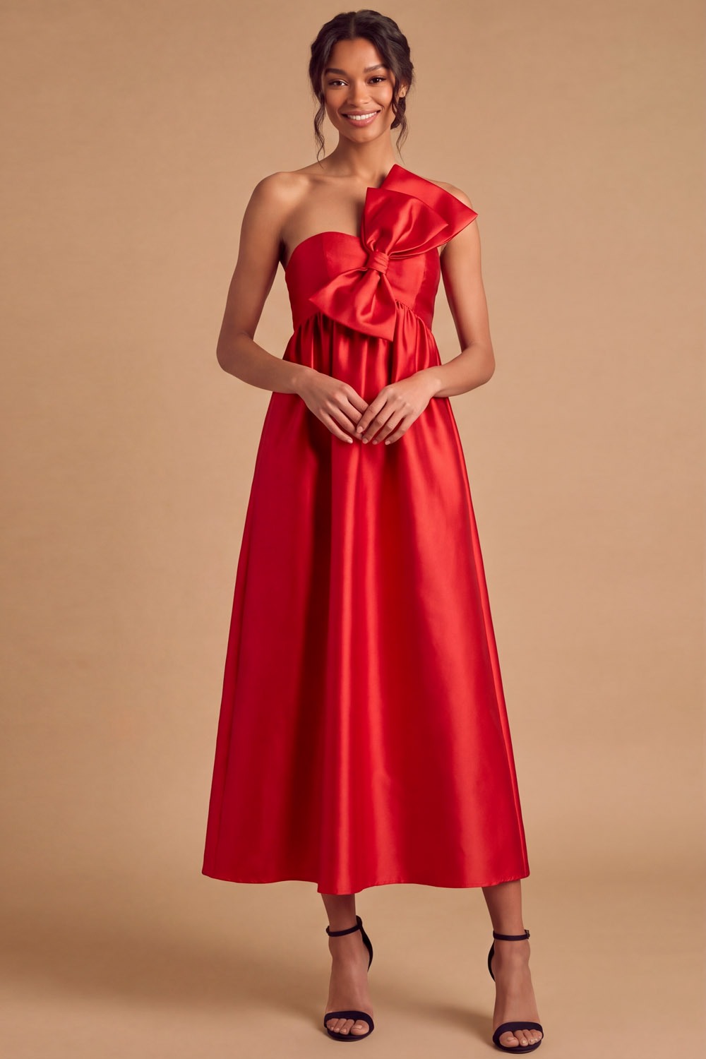 Light Blue One‑Shoulder Bow Stretch Satin Midi Wedding Guest Dress | Chiclody