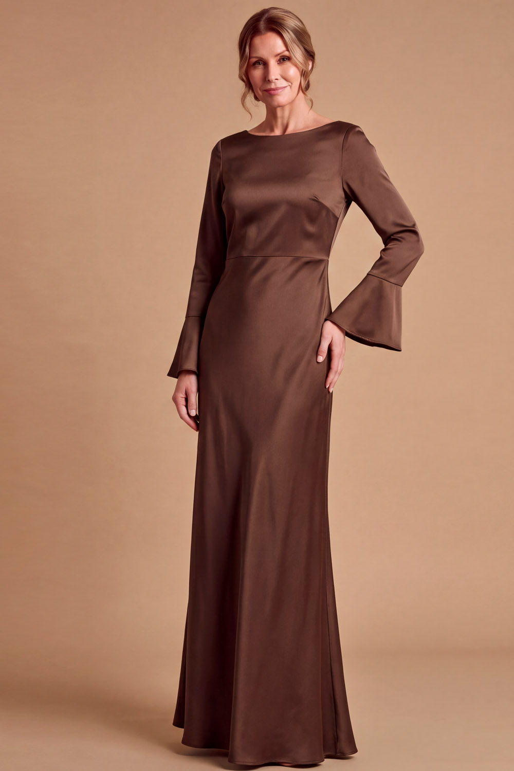 Sage Green Boat Neck Long Sleeves Open Back Stretch Satin Wedding Guest Maxi Dress | Chiclody