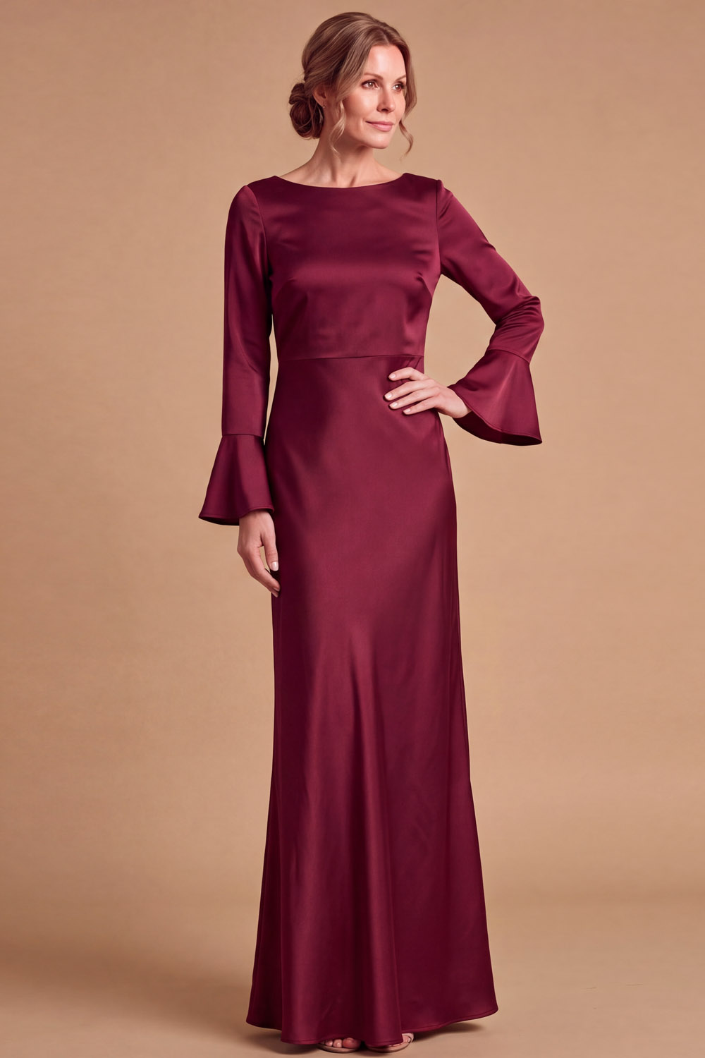 Sage Green Boat Neck Long Sleeves Open Back Stretch Satin Wedding Guest Maxi Dress | Chiclody