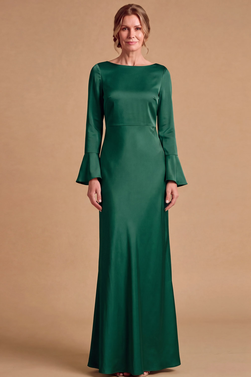Sage Green Boat Neck Long Sleeves Open Back Stretch Satin Wedding Guest Maxi Dress | Chiclody
