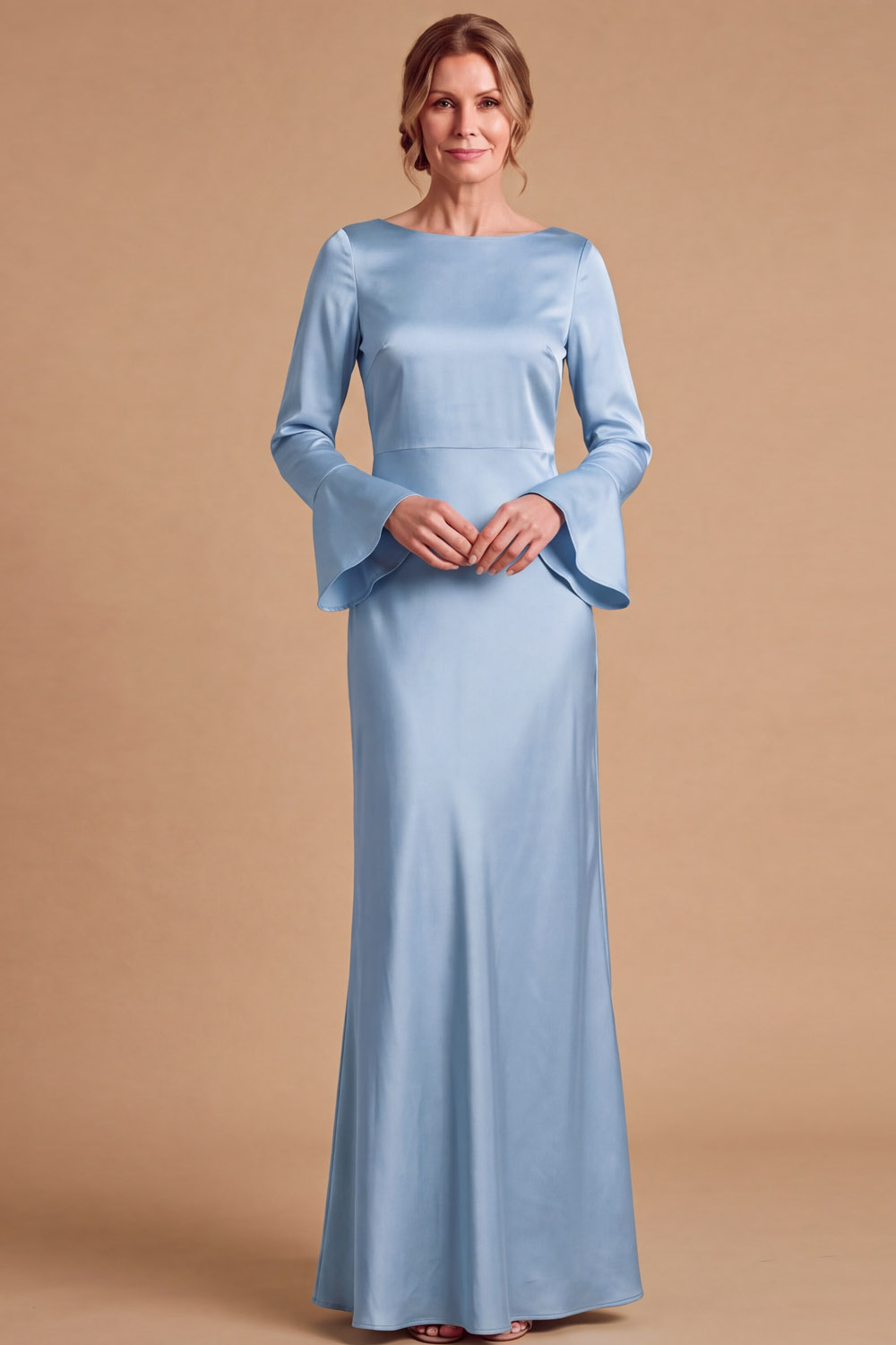 Sage Green Boat Neck Long Sleeves Open Back Stretch Satin Wedding Guest Maxi Dress | Chiclody