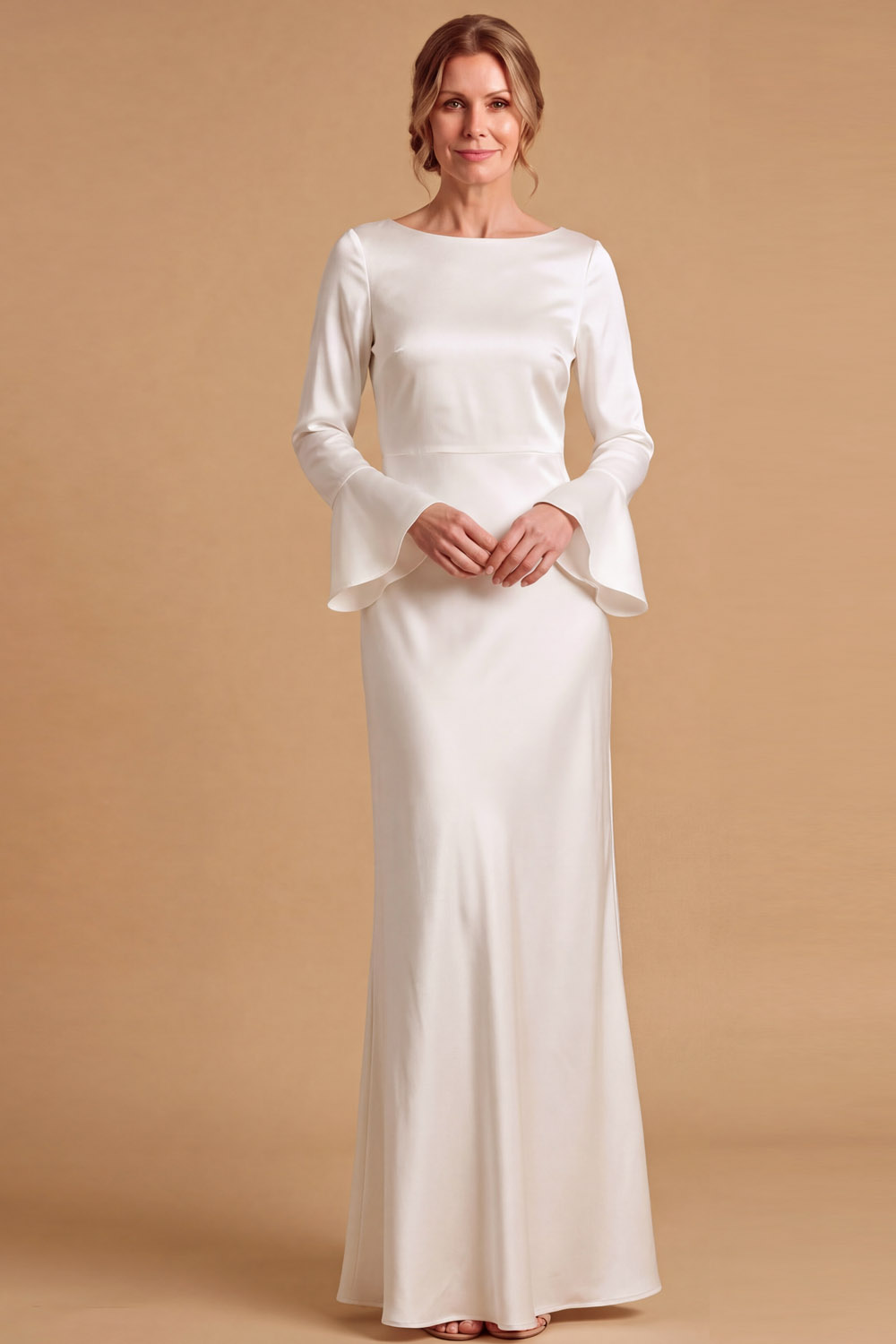 Sage Green Boat Neck Long Sleeves Open Back Stretch Satin Wedding Guest Maxi Dress | Chiclody