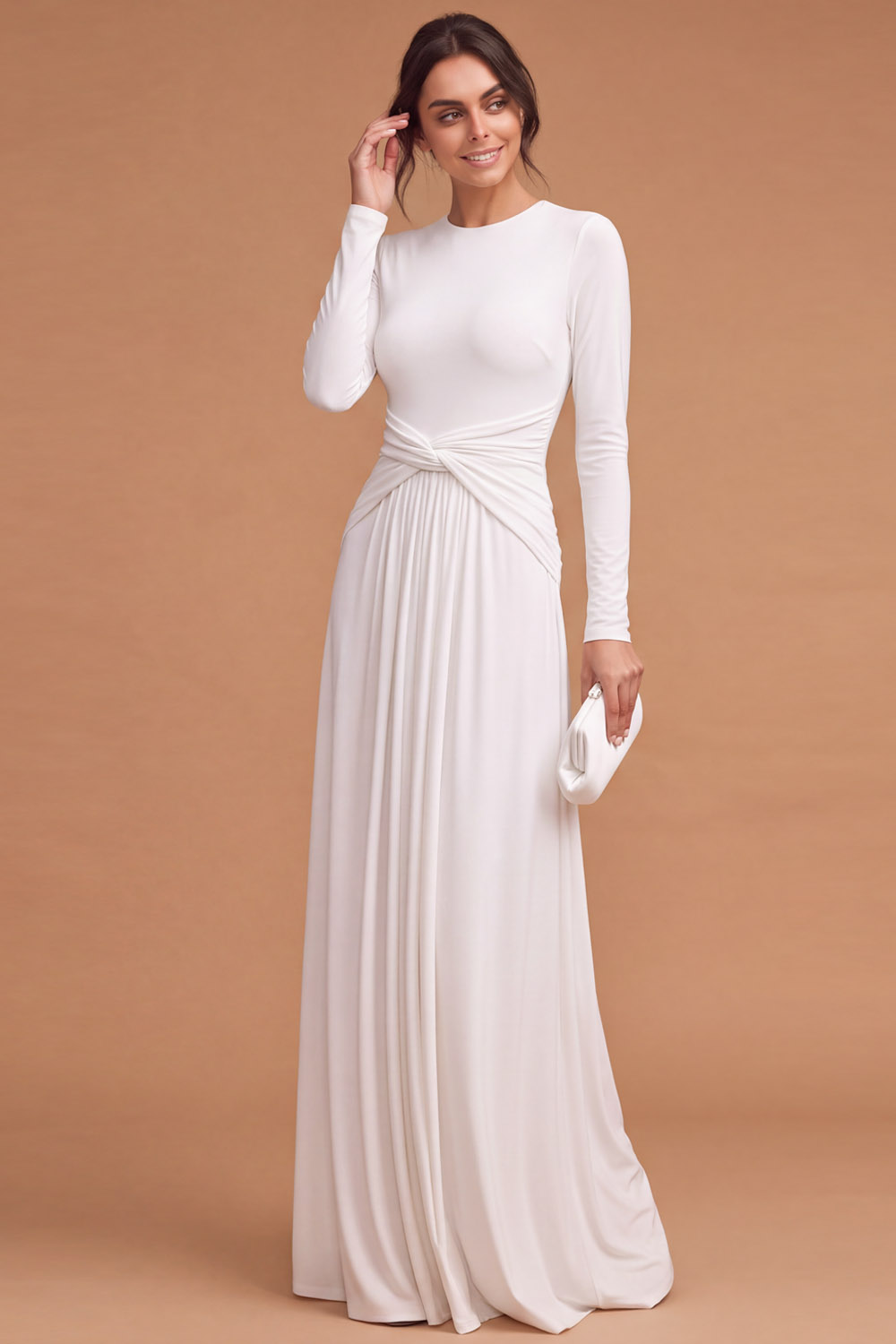 Red A‑Line Twist Waist Round Neck Long Sleeve Stretch Crepe Wedding Guest Dress | Chiclody