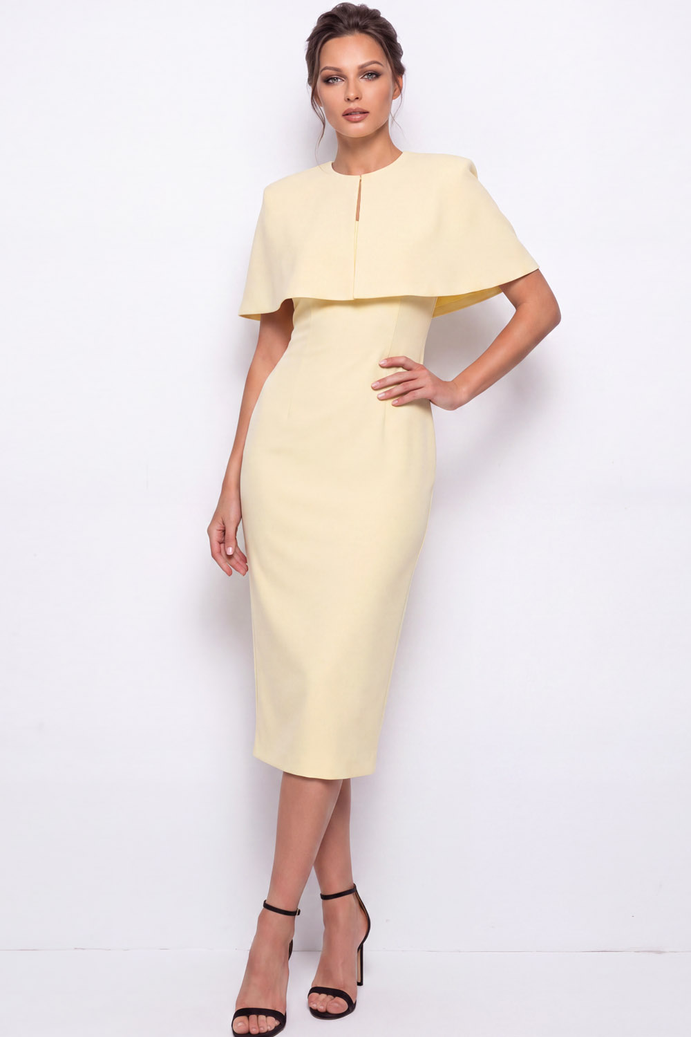 Fuchsia Cape Collar Bodycon Midi Work Dress in Stretch Crepe | Chiclody