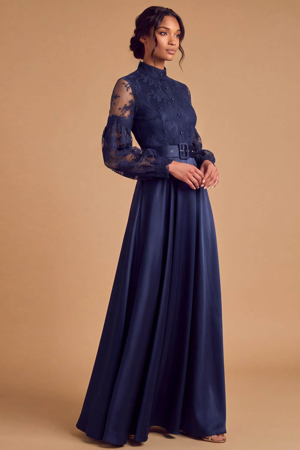 Emerald Green High Neck Lace Puff Sleeve Satin Maxi Wedding Guest Dress | Chiclody