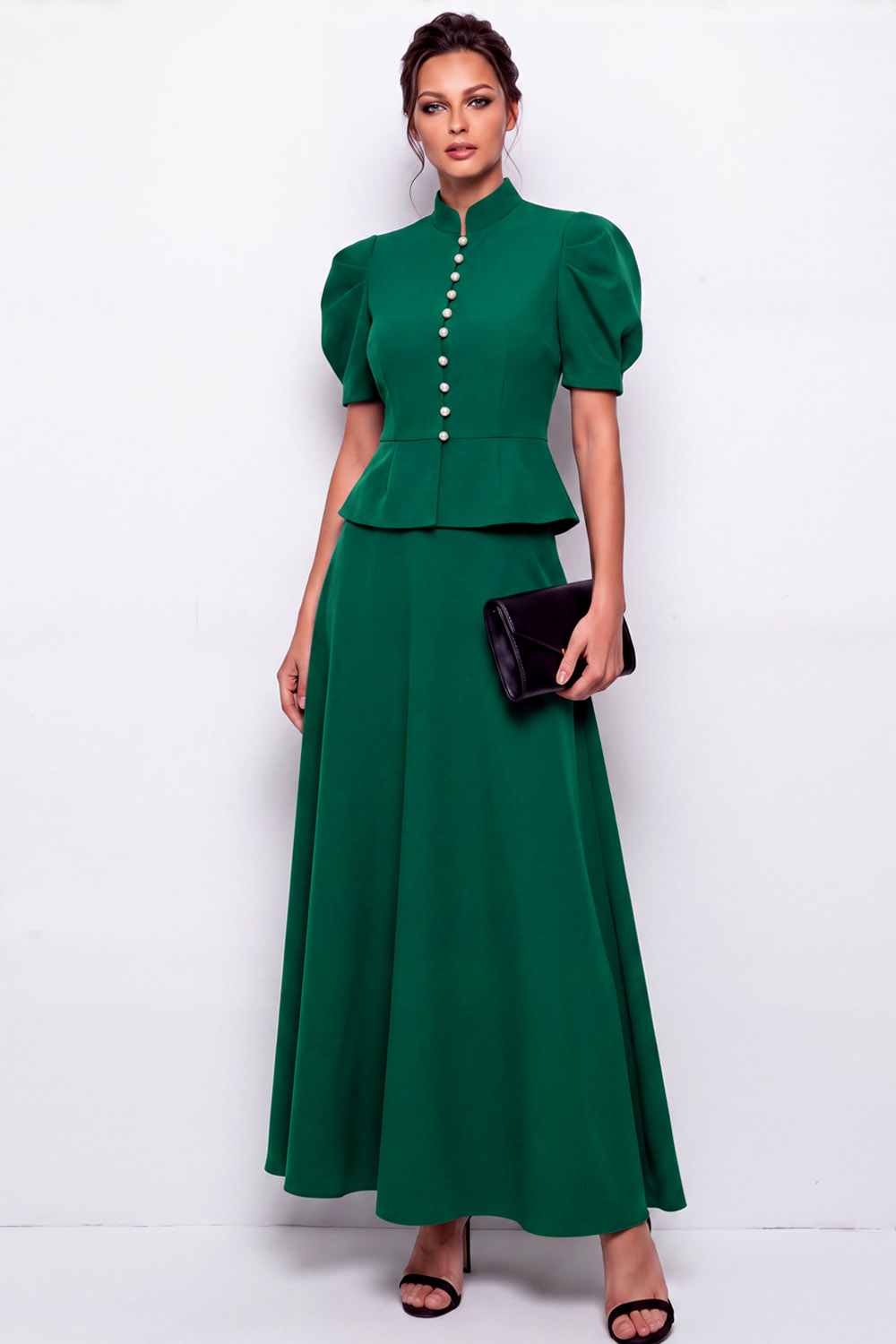 Dark Purple Mandarin Collar Puff Short Sleeve Peplum Maxi Work Dress | Chiclody