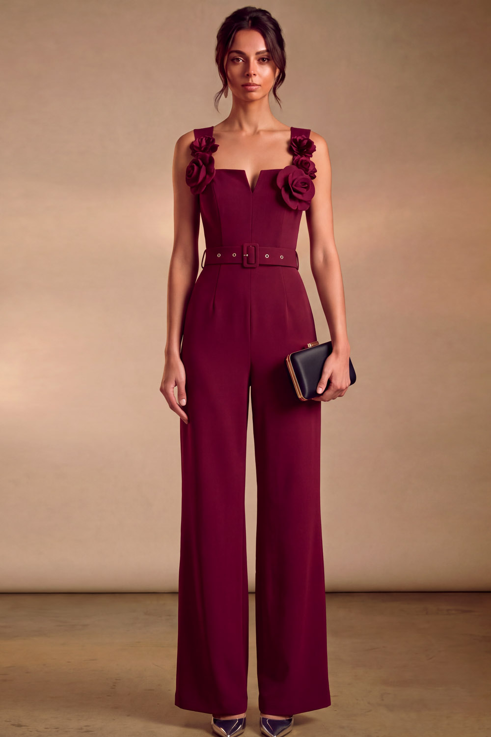 Navy Stretch Crepe 3D Floral Wide Leg Jumpsuit with Belt | Chiclody