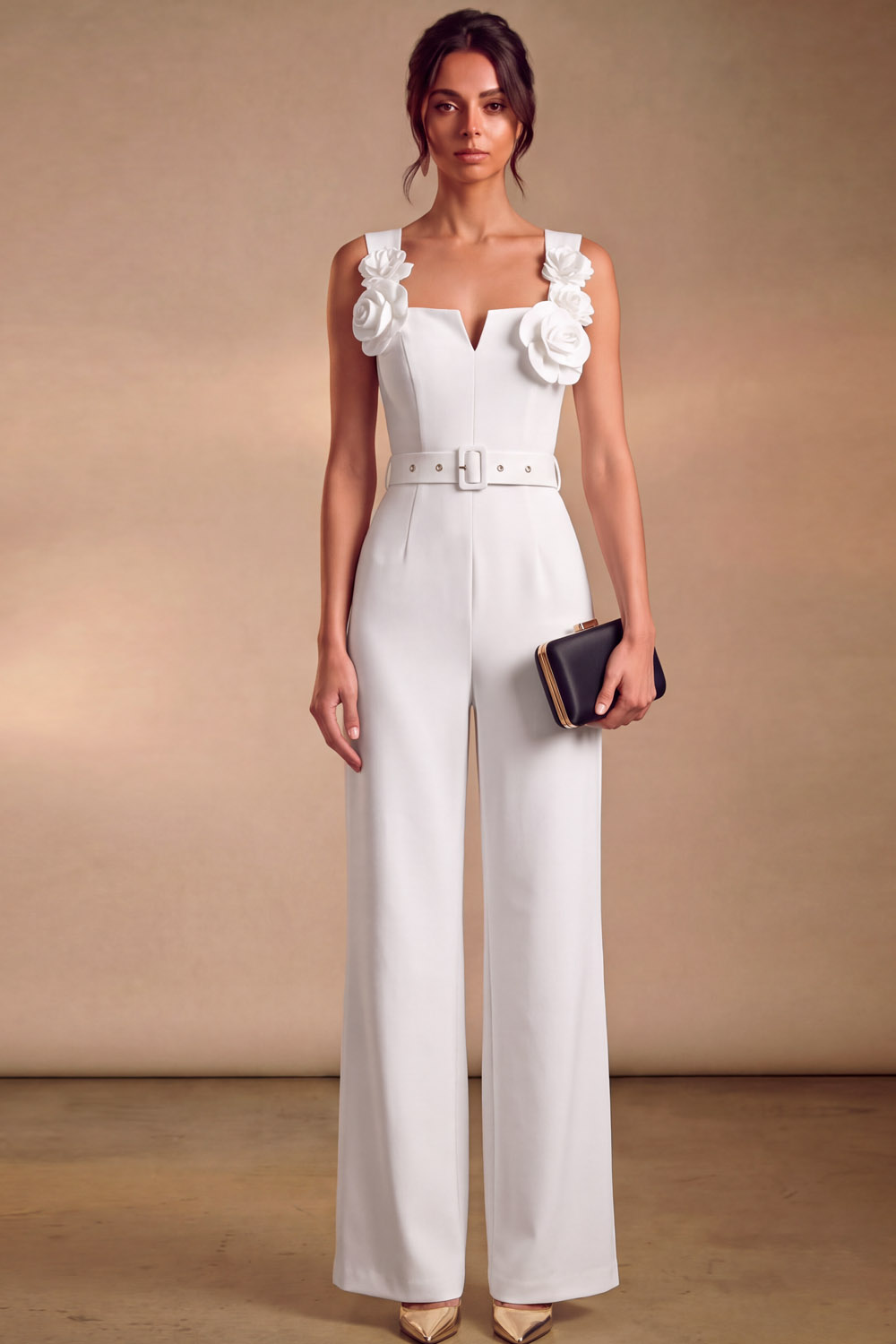 Navy Stretch Crepe 3D Floral Wide Leg Jumpsuit with Belt | Chiclody