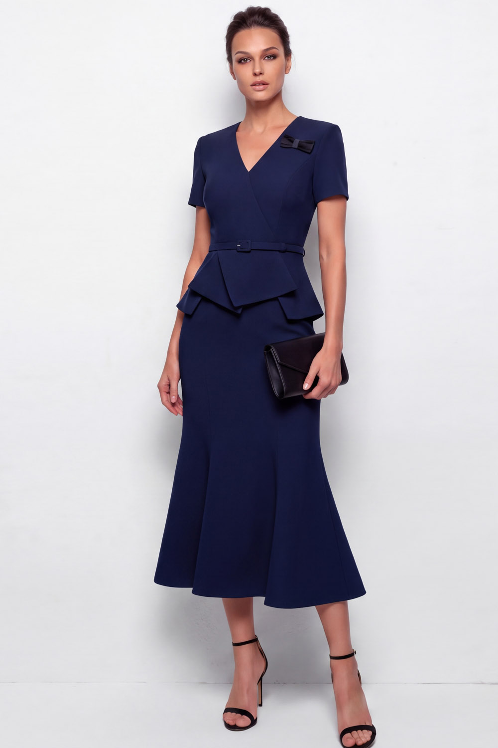 Red V-Neck Peplum Mermaid Midi Work Dress with Bow Detail & Waist Belt | Chiclody
