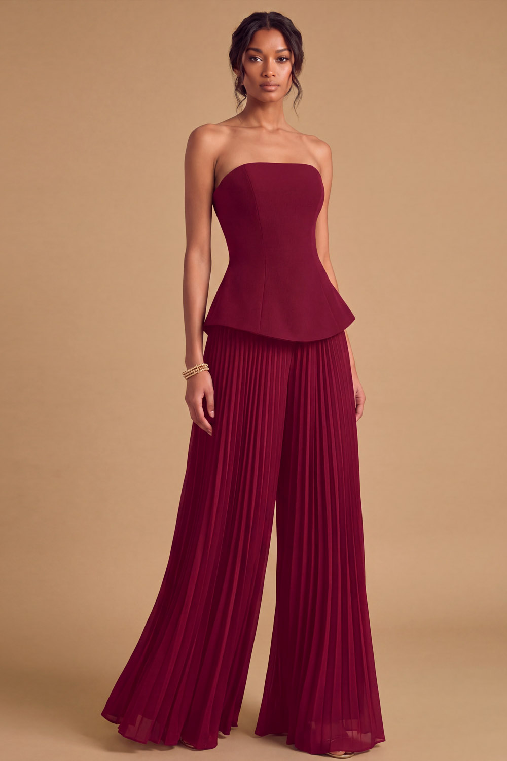 Dusty Blue Strapless Peplum Pleated Chiffon Wide-Leg Two Piece Pants Set Wedding Guest | Chiclody