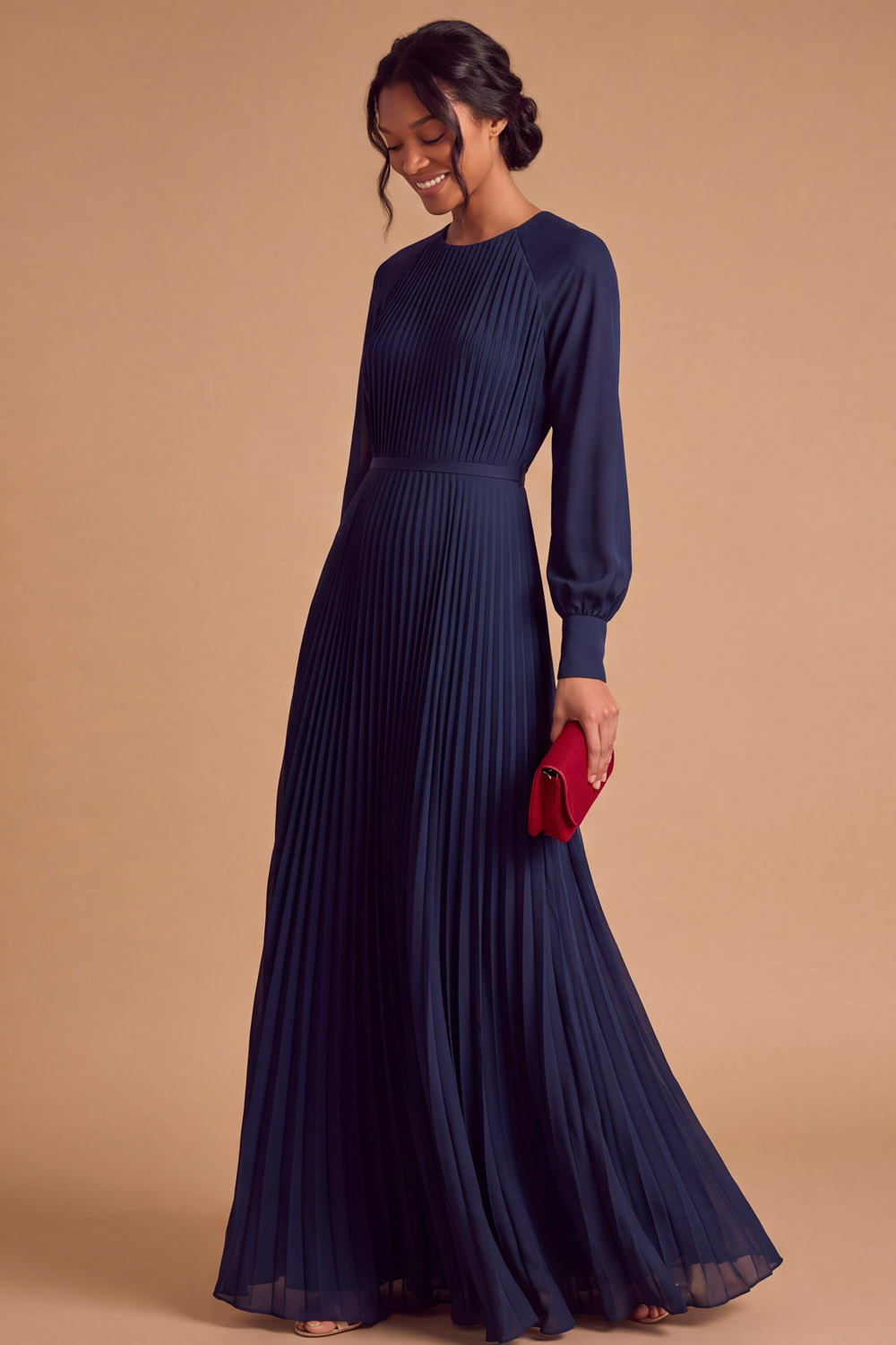 Burgundy Raglan Long Puff Sleeve Pleated Satin Maxi Dress With Waist Sash Wedding Guest | Chiclody