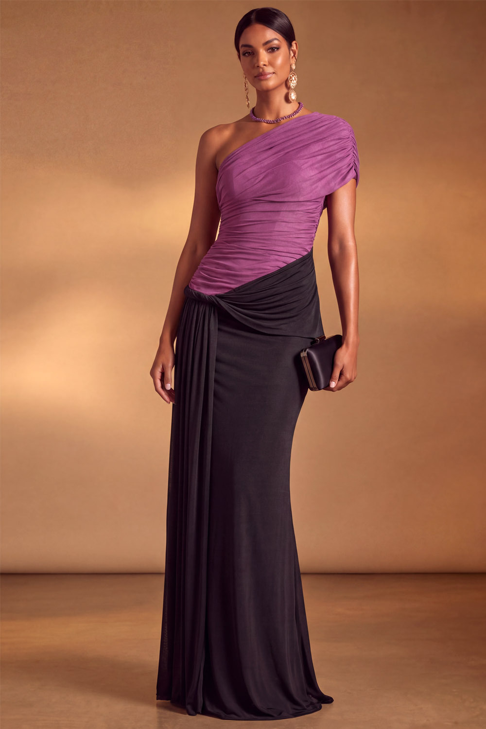 Purple‑Black Color Block One Shoulder Ruched Chiffon Maxi Evening Dress| Chiclody