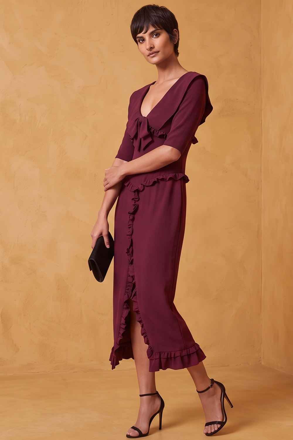 Purple V-Neck Ruffle Midi Work Dress with Slit | Chiclody