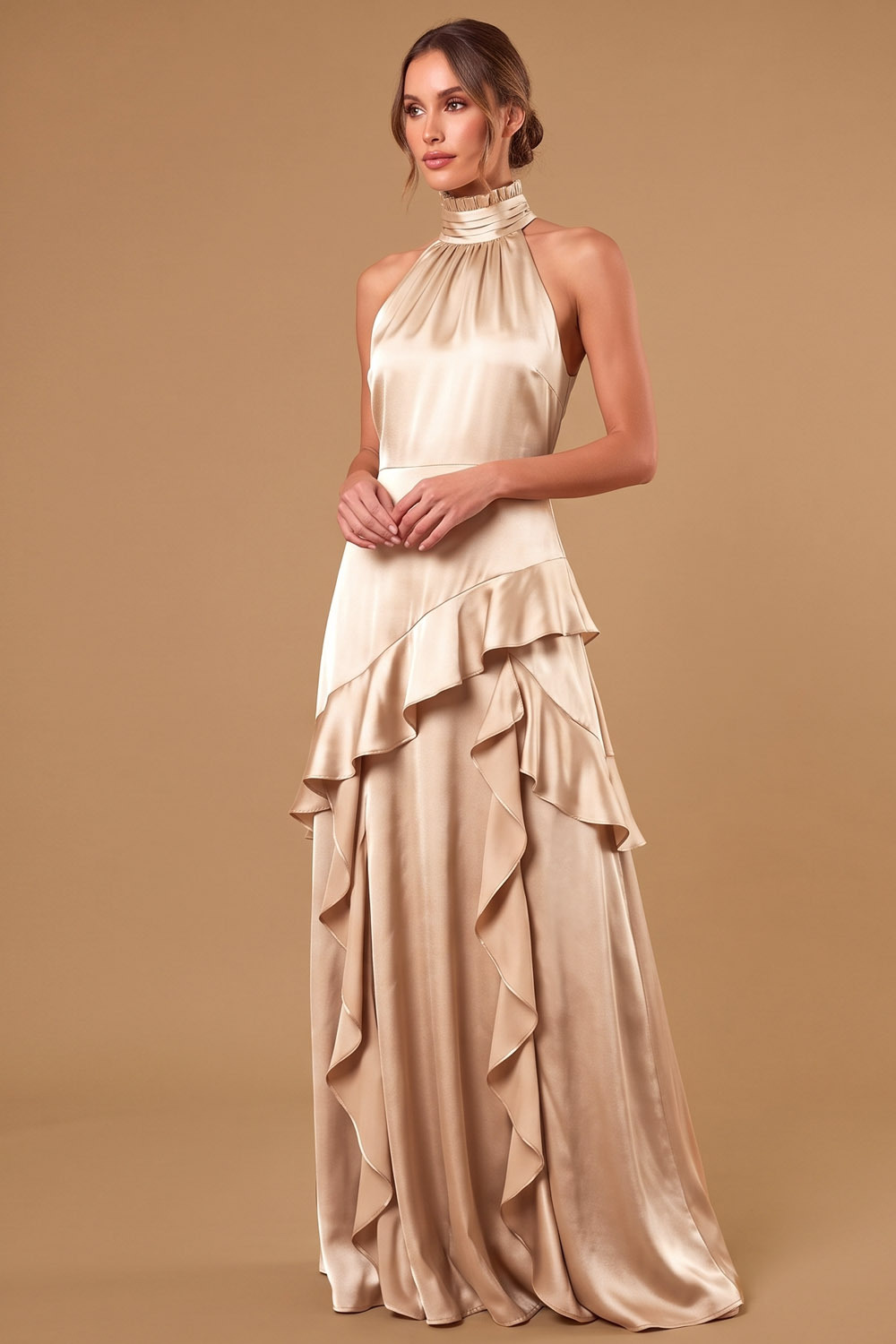 Bronzer Halter Ruffled Stretch Satin Maxi Bridesmaid Wedding Guest Dress | Chiclody