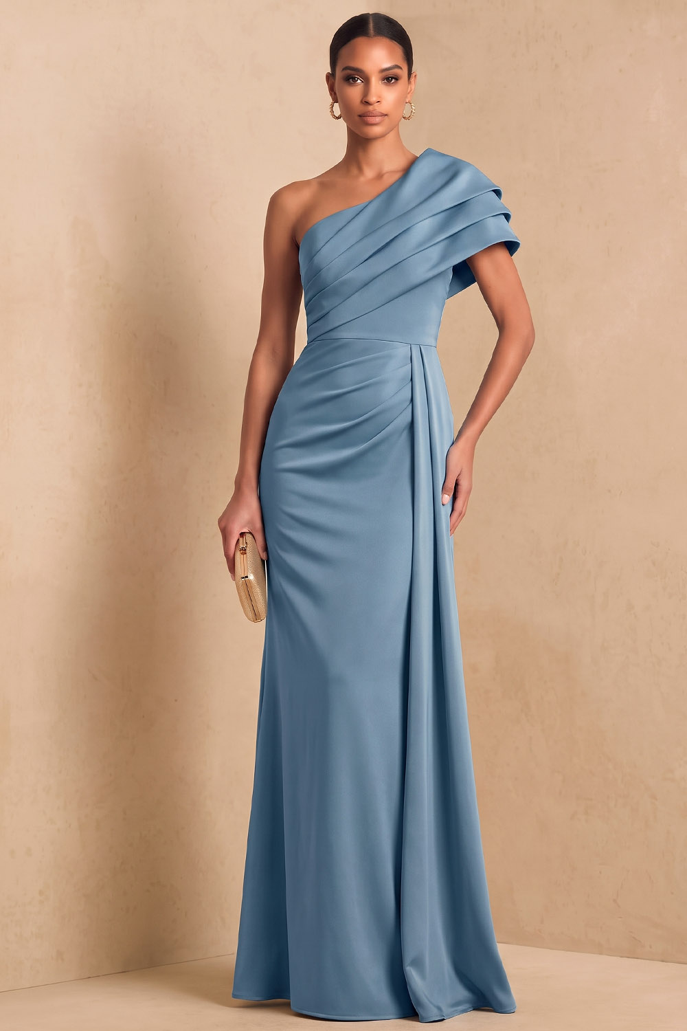 Dusty Blue One‑Shoulder Draped Stretch Satin Maxi Formal Dress
