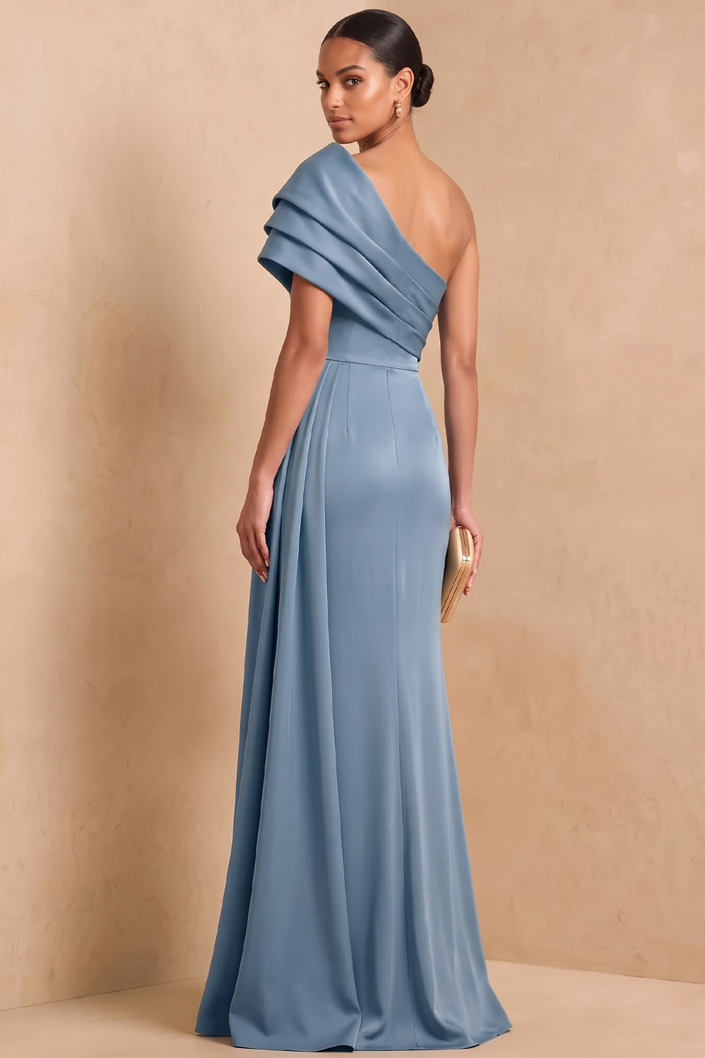 Dusty Blue One‑Shoulder Draped Stretch Satin Maxi Formal Dress