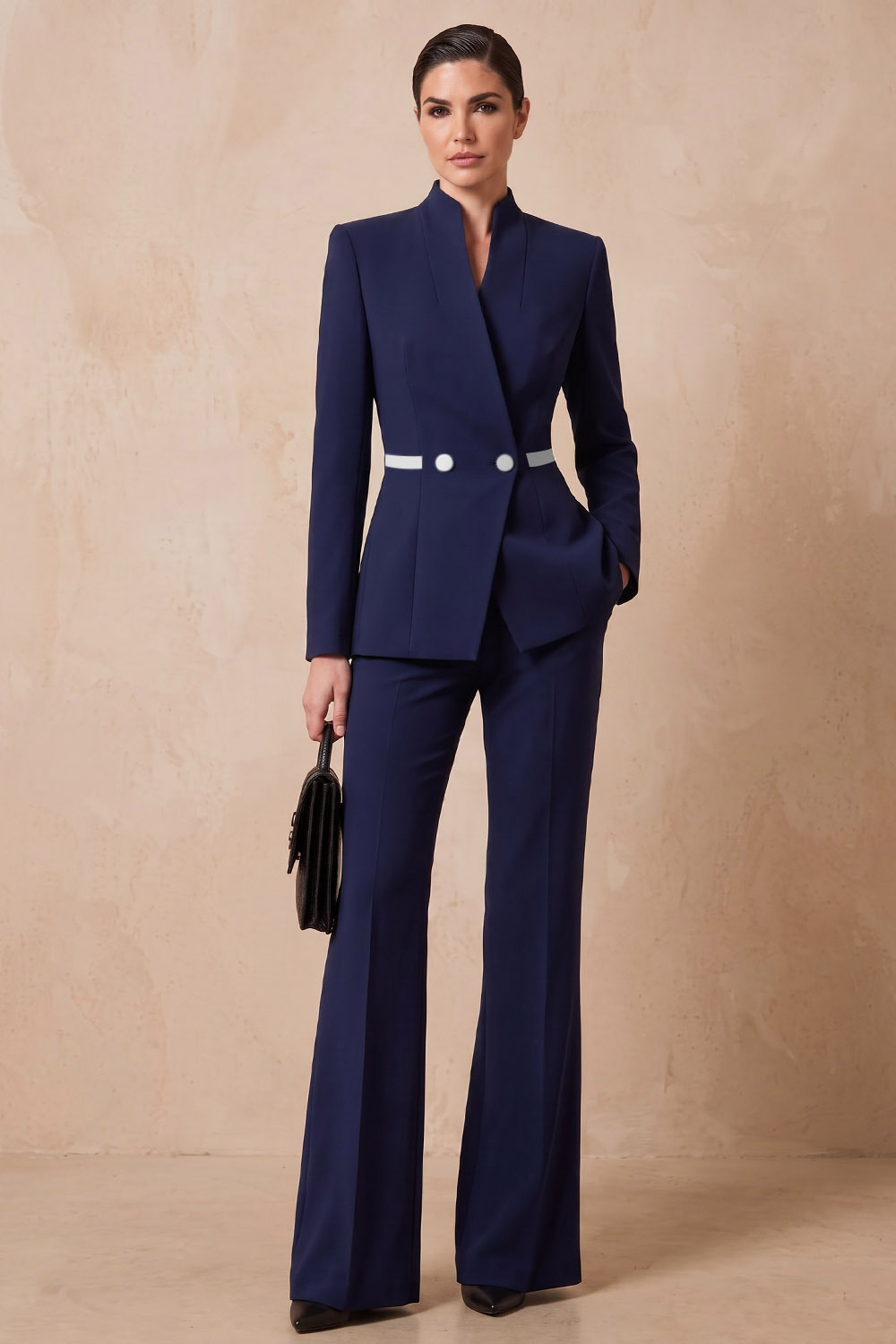 Navy Stand‑Collared Double‑Button Blazer & Flared Pants Workwear Pant Set | Chiclody