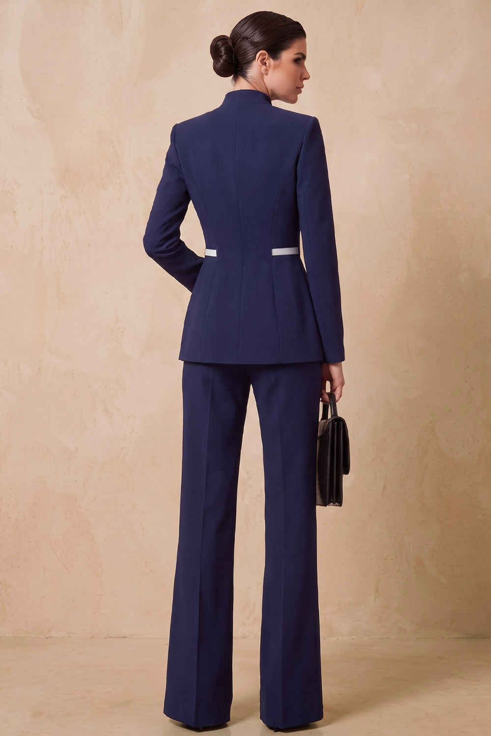 Navy Stand‑Collared Double‑Button Blazer & Flared Pants Workwear Pant Set