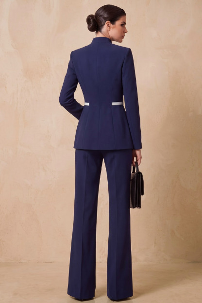 Navy Stand‑Collared Double‑Button Blazer & Flared Pants Workwear Pant Set