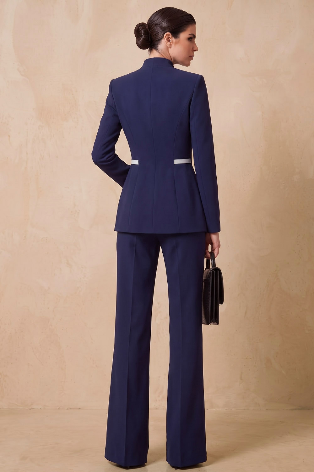 Navy Stand‑Collared Double‑Button Blazer & Flared Pants Workwear Pant Set