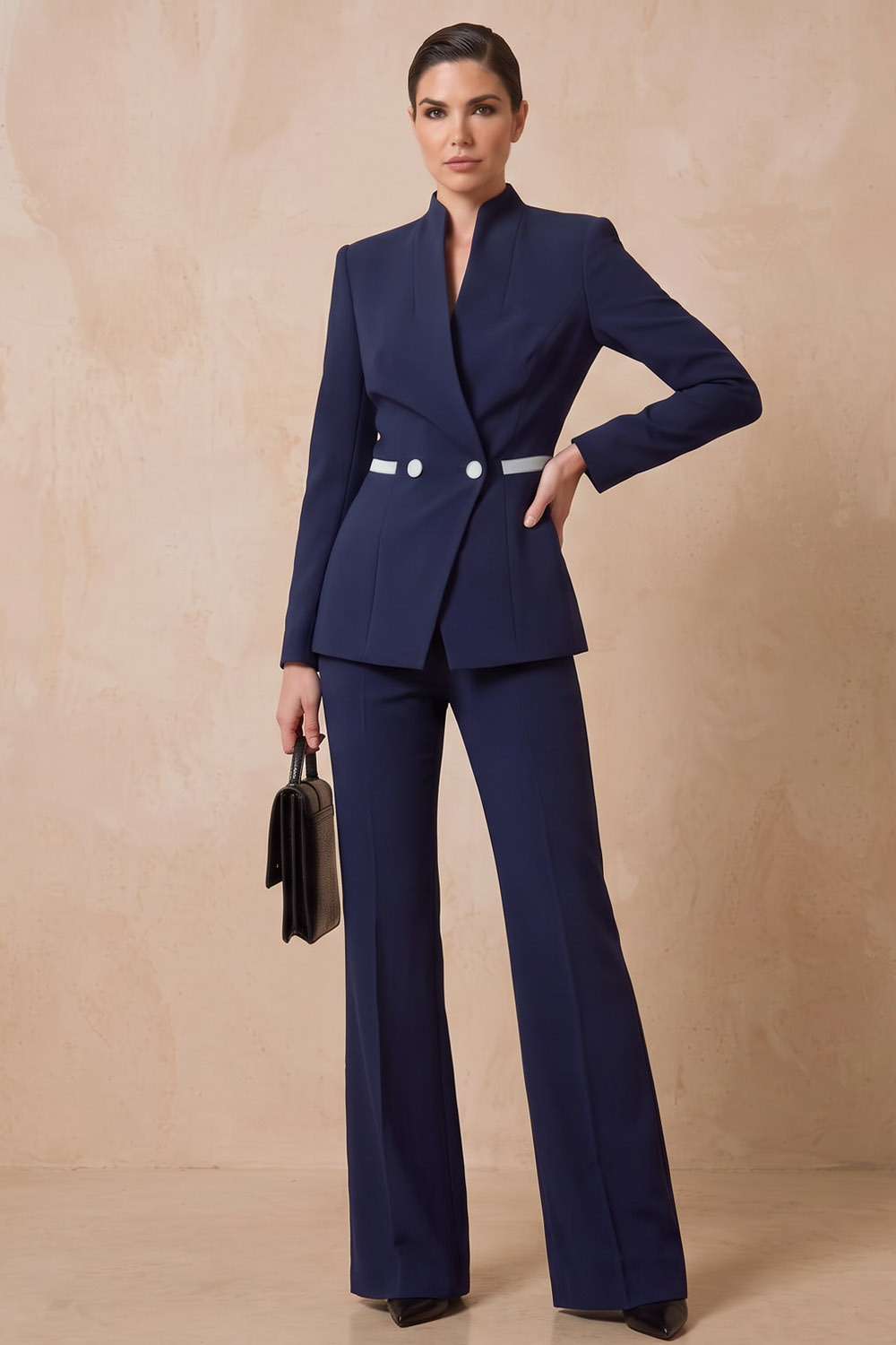 Navy Stand‑Collared Double‑Button Blazer & Flared Pants Workwear Pant Set