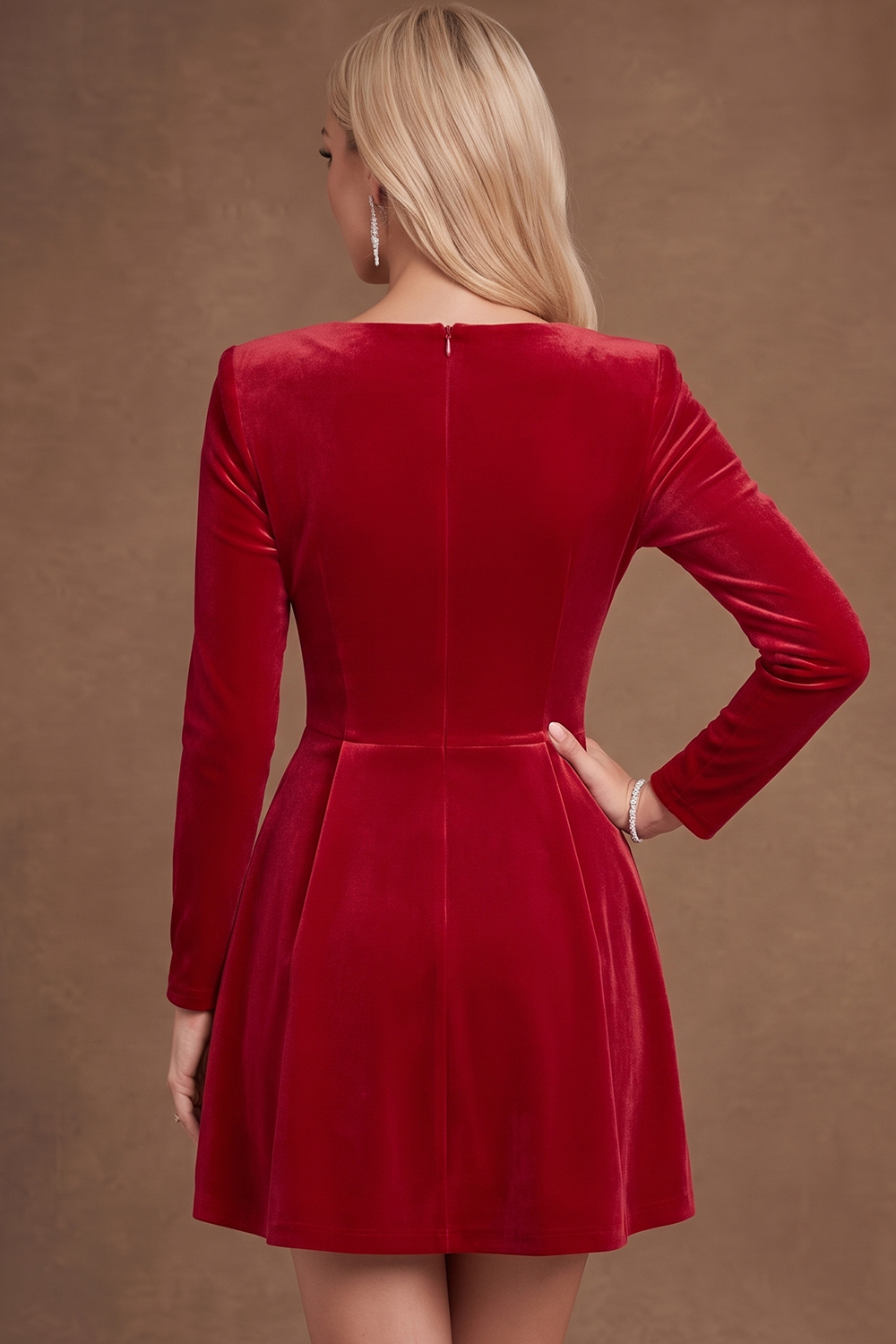 Red Velvet Square Neck Long Sleeve Christmas Formal Wear Mini Dress