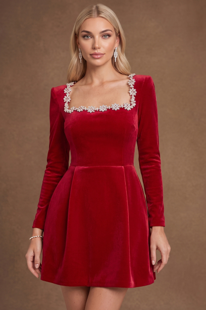 Red Velvet Square Neck Long Sleeve Christmas Formal Wear Mini Dress