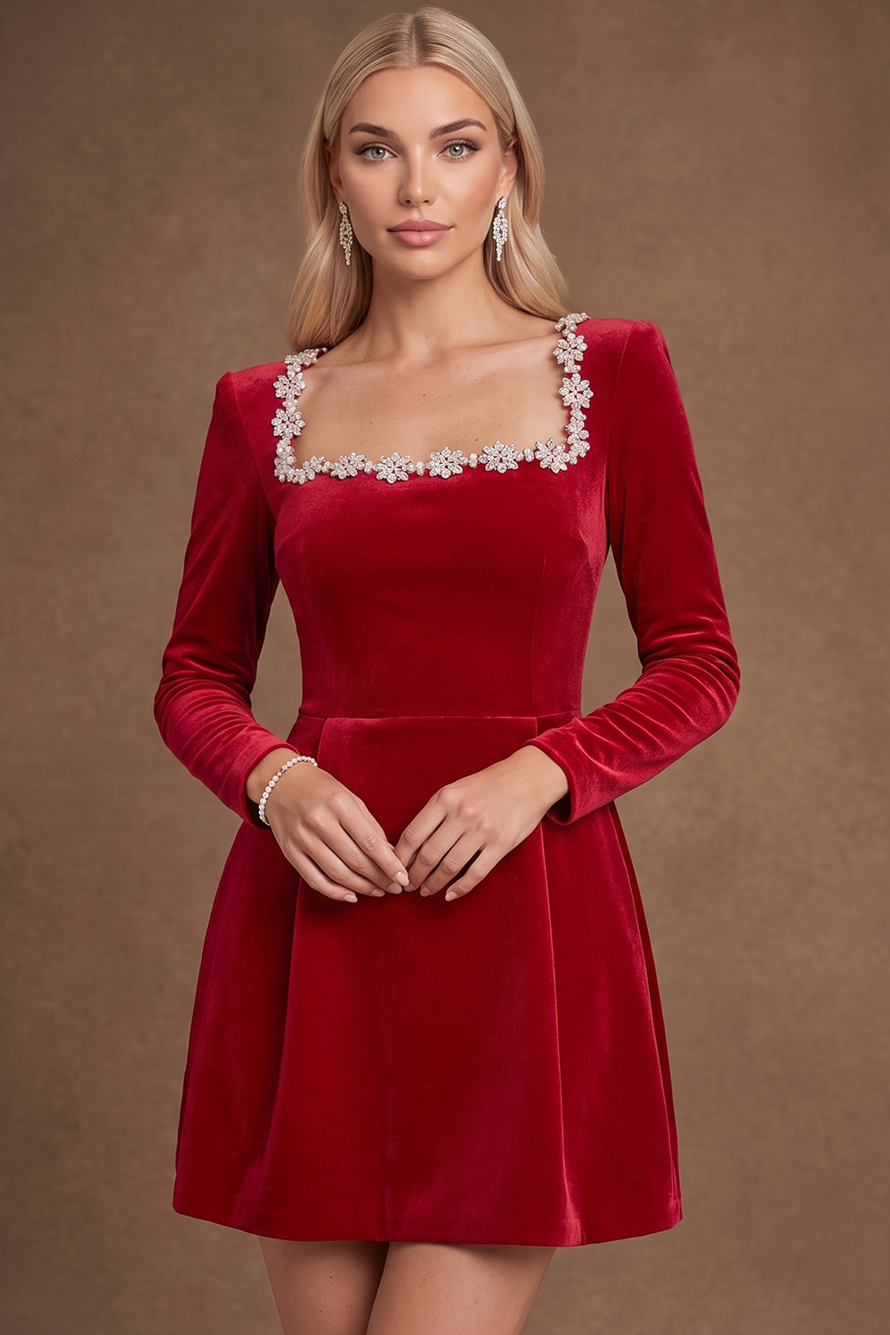 Red Velvet Square Neck Long Sleeve Christmas Formal Wear Mini Dress