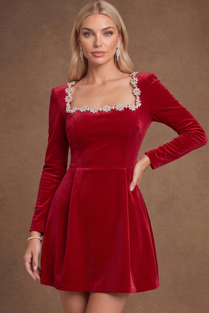 Red Velvet Square Neck Long Sleeve Christmas Formal Wear Mini Dress