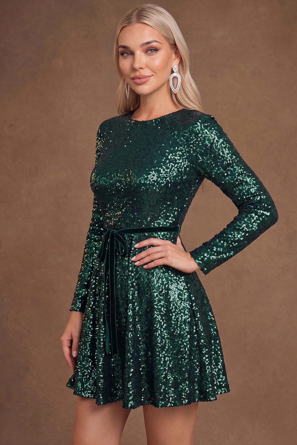 Green Sequin Round Neck Long Sleeve Christmas Formal Wear Mini Dress