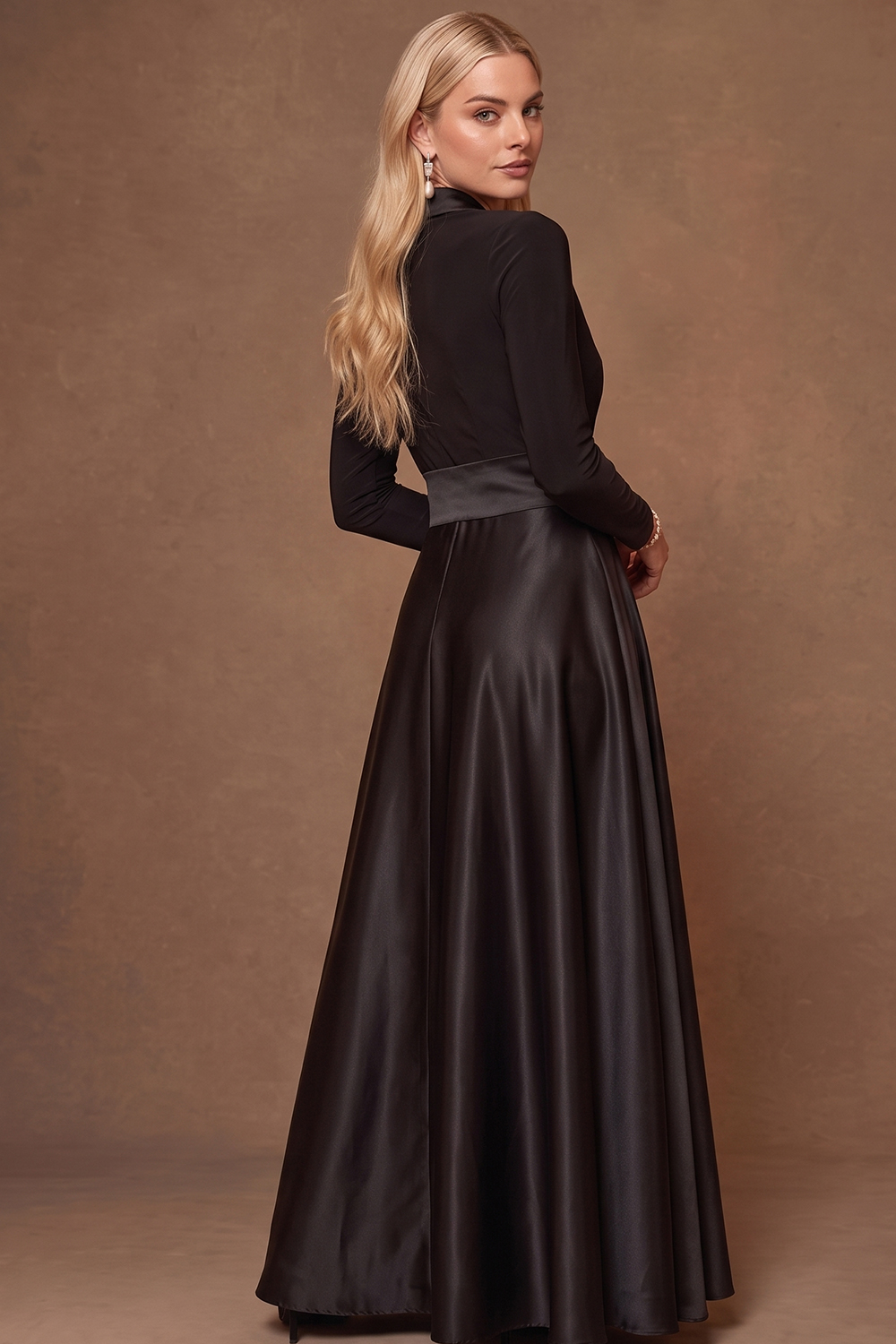 Black Christmas Formal Wear Shawl Lapel Wrap A‑Line Maxi Dress with Satin Sash