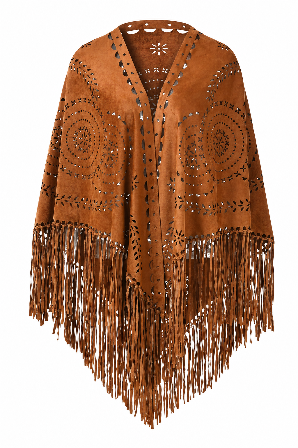 Retro Cutout Tassel Suede Feel Shawl Women Open Front Poncho Wrap