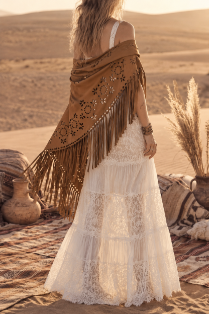 Retro Cutout Tassel Suede Feel Shawl Women Open Front Poncho Wrap