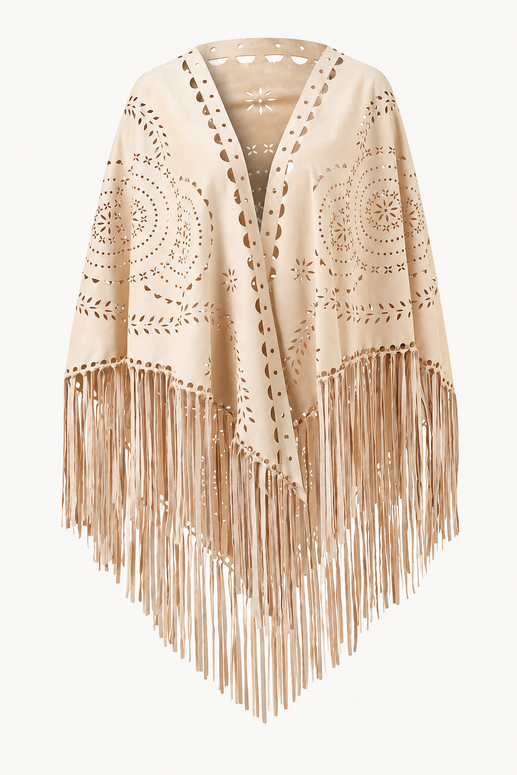 Retro Cutout Tassel Suede Feel Shawl Women Open Front Poncho Wrap