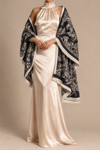 Floral Print Faux Cashmere Fringe Shawl