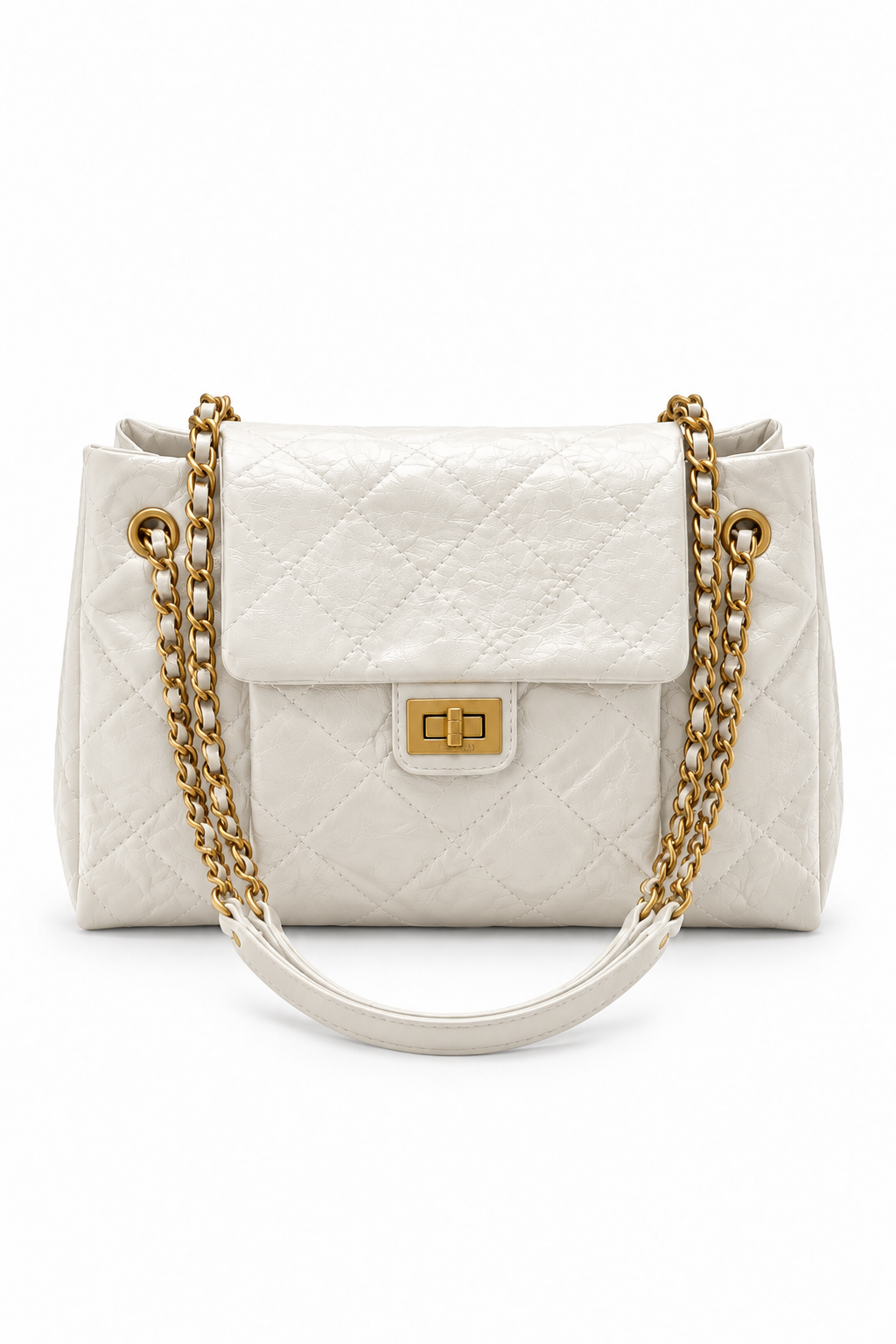 Women's White Diamond Quilted Chain Bag, Turn Lock Small Shoulder Purse